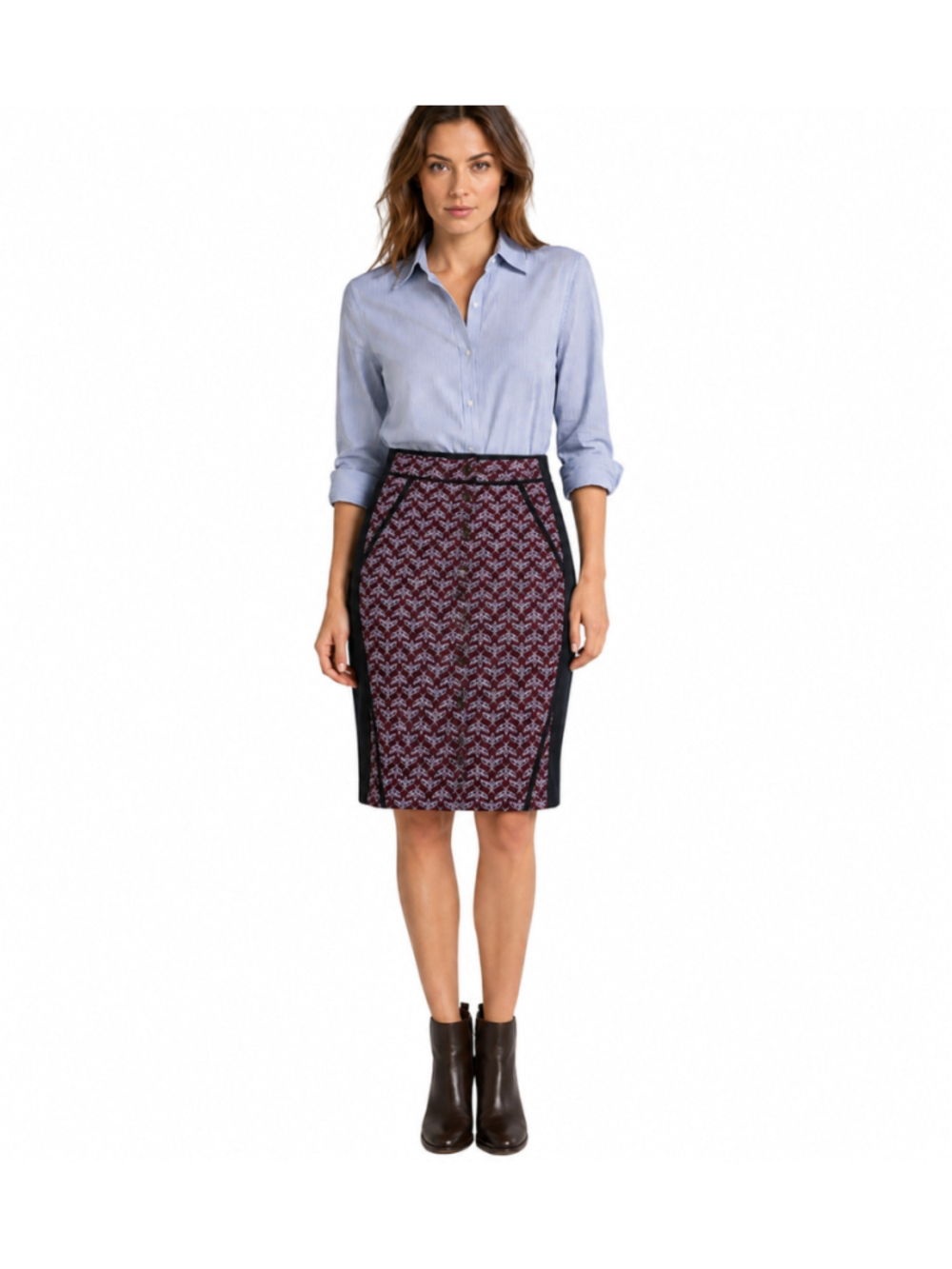 Dolan Pencil Skirt Size L Burgundy Black Patterned Button Front